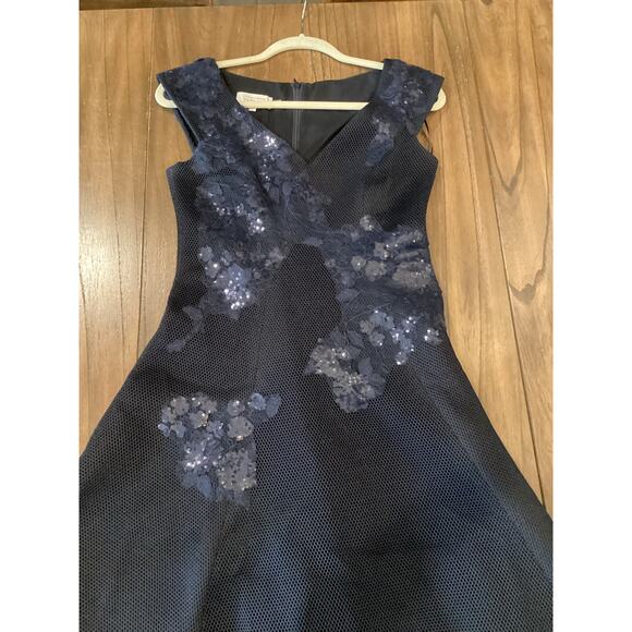 rickie freeman teri jon a line navy sleeveless floral sequin applique dress 2 - Picture 10 of 13